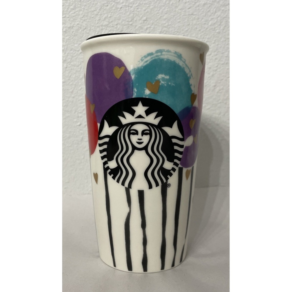 Starbucks Ceramic Hot Cup‎ Gold Hearts Balloons 12 oz.